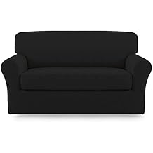 Easy-Going 2 Pieces Microfiber Stretch Sofa Slipcover Spandex Soft Fitted Sofa Couch Cover, Washable Furniture Protector with Elastic Bottom Kids, Pet (Loveseat, Black, Medium)