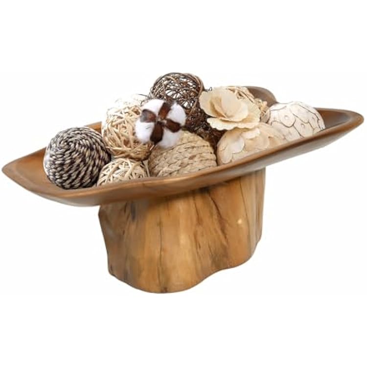 Decorative Bowl for Tabletop Decor, Live Edge Serving Tray with Base, Home Centerpiece Decor, Teak Wood
