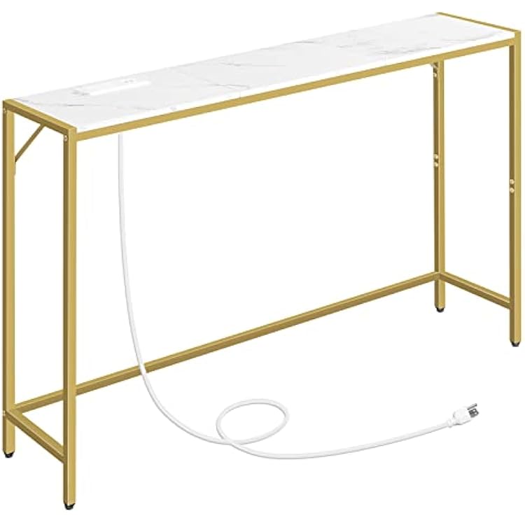 Console Table, Narrow Sofa Table, 43.3 Entrance Table with Power Station, Behind Couch Table, Simple Style, for Living Room, Hallway, Entryway, Foyer, Marble and Gold CTJM112E01