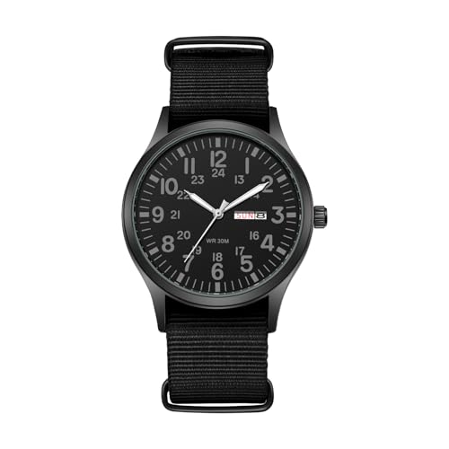 Lancardo Men Analog Quartz Watch: Woven Nylon Band Calendar Luminous Hand Military Time 24 Hours Display Birthday