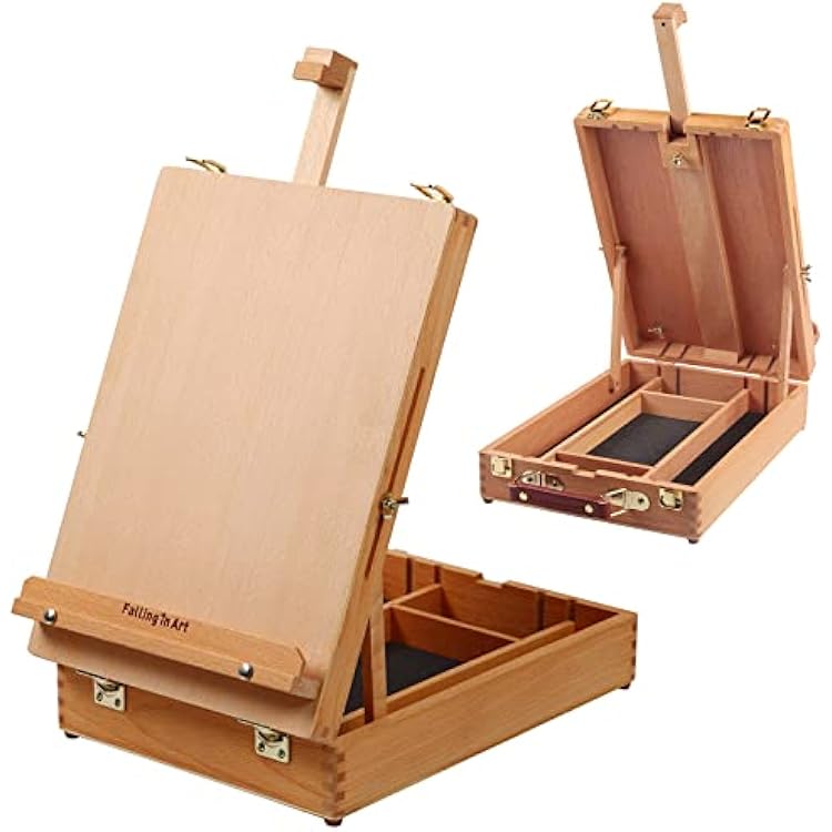 Falling in Art Wooden Tabletop Easel, Beech Wood Sketchbox Desktop Easel for Painting, Portable Art Drawing Easel for Beginners and Professionals