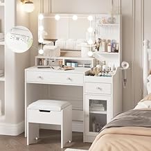 Vabches Vanity with Mirror and Lights, Makeup Vanity Table with Charging Station, Cute Vanity Set with Comfortable Bench, Dressing Table with 3 Storage Compartments, 39.8inch, White
