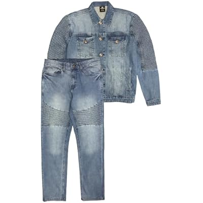 Mens Premium Denim Jean Suit Standard Cut Biker Jacket With Slim Fit Biker Pants