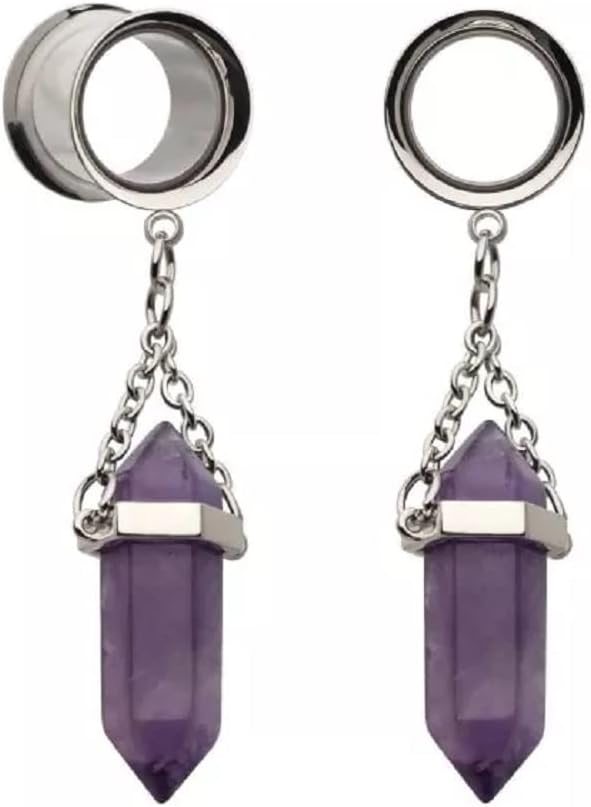 Pierced Owl 316L Stainless Steel Dangling Amethyst Stone Double Flared Tunnel Plugs, Sold as a Pair