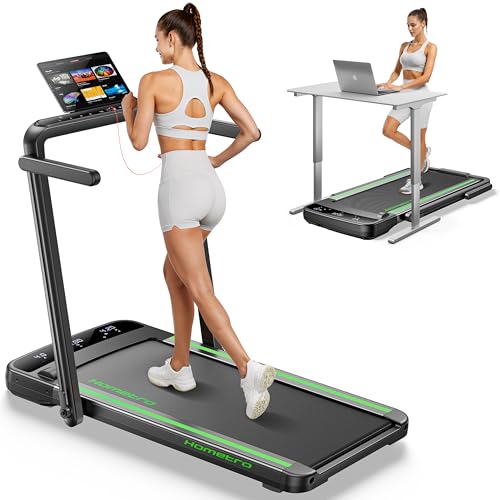 HomeTro 3.0HP Foldable Compact Treadmill,2 in 1 Walking Pad & Jogging Machine for HomeOffice,Dual LED Touch Screens Folding Under Desk Motorized Treadmills 265lbs, App& Remote Control,Assembly-Free