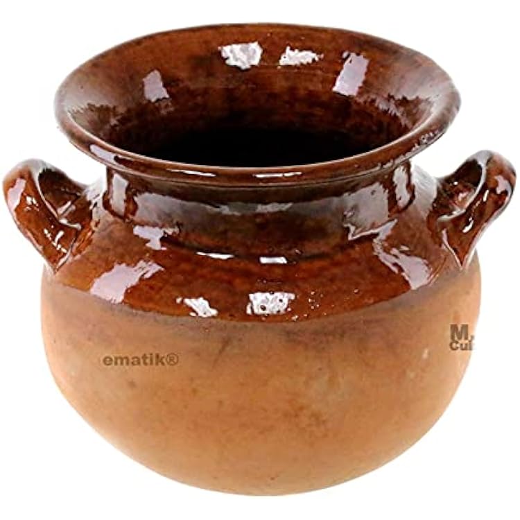 Olla Frijolera De Barro 1.5 Qt. Mini Traditional Handmade Mexican Authentic Artisan Barro Clay 100% Stockpot with Brown Glaze Interior Finish