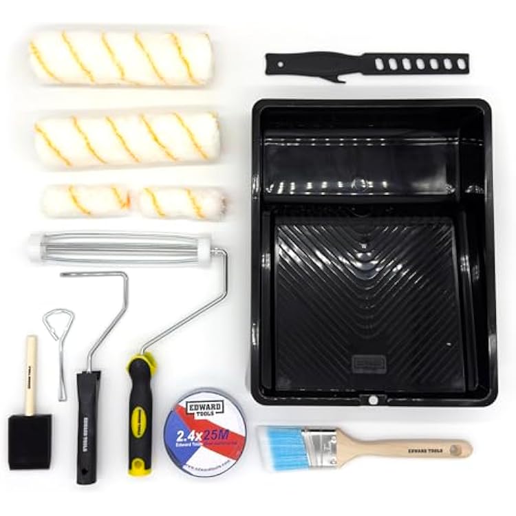 Edward Tools 13 Piece Paint Roller Kit Deluxe - 9 Roller with Covers, 4 Roller with Covers, Angled Paint Brush, Foam Brush, Paint Trays, Lid Opener, Stirrer, Painters Tape, Paint Supplies