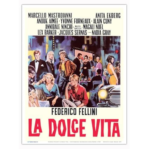 Federico Fellinis La Dolce Vita - with Marcello Mastroianni Anita Ekberg - Vintage Italian Film Movie Poster by Sandro Simeoni c.1960 - Master Art Print Unframed 9in x 12in