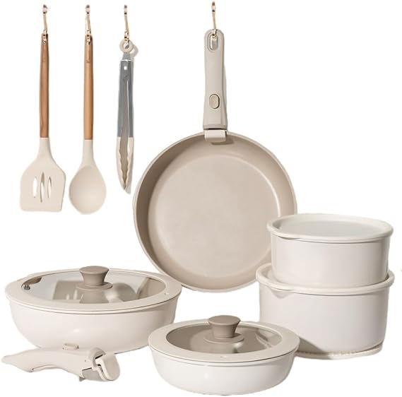 20 piece Pots And Pans Set Non stick Ceramic Cookware Set With Removable Handles Space saving Oven Dishwasher,20pcs,A