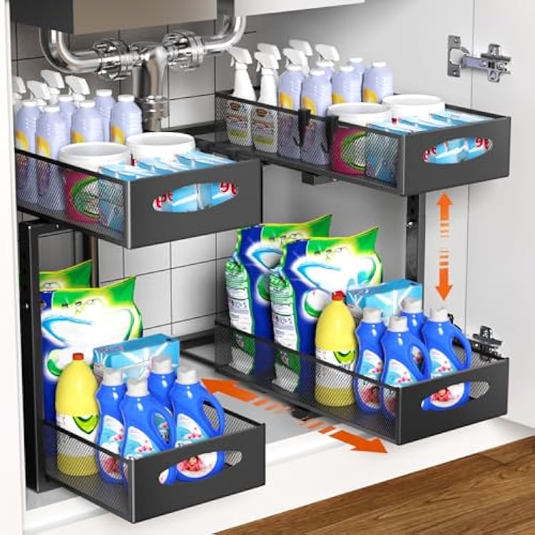 Housolution 2 Pack Under Sink Organizer, 2 Tier Metal Pull Out Under Sink Storage with Sliding Mesh Drawers, Height Adjustable Slide Out Under Sink Organizer for Kitchen Bathroom Cabinet, Black