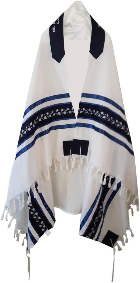 Personalized Blue Pomegranates Wool Tallit Gadol Prayer Shawl for Men, Bar Mitzvah Tallit, 55 inches by 72 inches Tzitzit