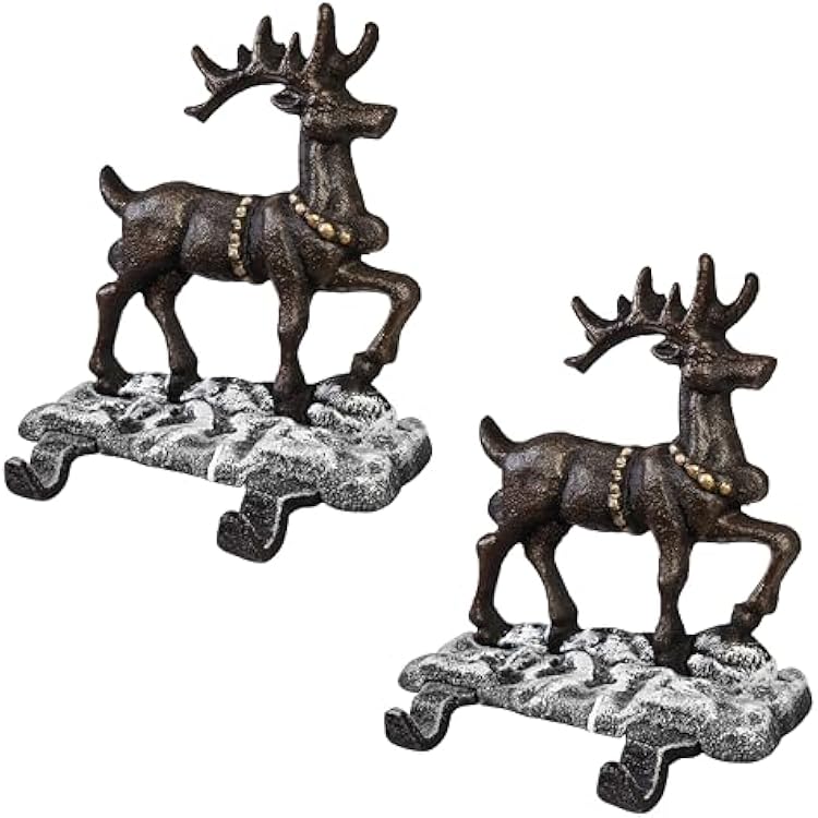 Lulu Decor, 100% Cast Iron Deer Christmas Stocking Holder with 4 Hooks, 2 Deer, Weighted and Sturdy Mantel Hangers, Strong and Heavy