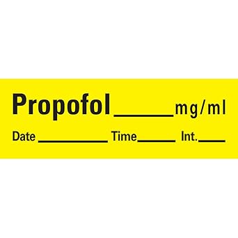 PDC Healthcare AN-27 "Propofol mg/mL" Removable Anesthesia Tape with Date, Time and Initial, 1" Core, 1/2" Width, 500" Length, Yellow