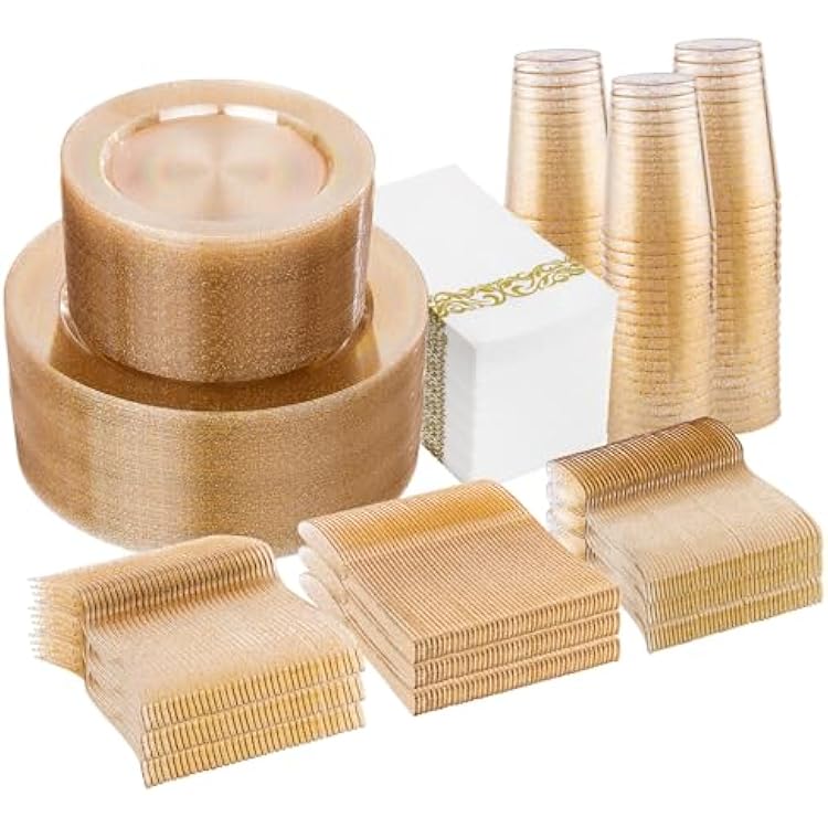 I00000 700 Pcs Gold Glitter Plastic Dinnerware Sets, Disposable Plates for Party, Include: 100 Dinner Plate,100 Dessert Plate,100 Paper Napkins, 100 Cups,100 Plastic Silverware Set