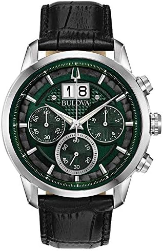 Bulova Mens Classic Sutton 6-Hand Chronograph Calendar Big Date Leather Strap Quartz Watch, Domed Mineral Crystal, 44mm