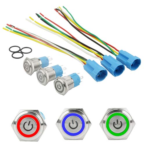 XINGYHENG 3 Sets 16mm 5 Pin Metal Latching Push Button Switch 1NO 1NC Self-Locking 12V DC On Off Stainless Steel Flat Head Ring Illuminated Switch with Wire Socket Plug