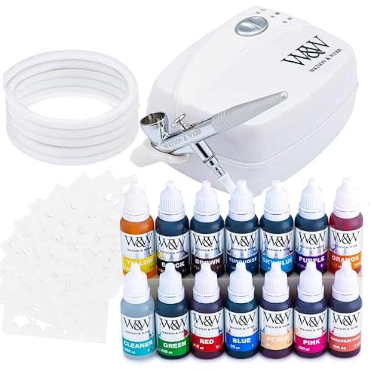 Watson & Webb Foundation Selection - 17pcs Cake Airbrush Decorating Kit - Inc Professional 3 Speed Mains Powered Spray Gun, 13 Vibrant Colours, and Tools - for Food, Cakes, Cookies & Baking