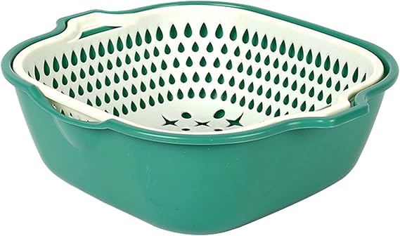 2 in 1 Kitchen Strainer Colander Bowls Set,Double Thicken Layer Vegetables Washing Basket Large Capacity Plastic Drain Bowls for Cleaning Washing Mixing,Detachable(Green White) (Medium Green White)