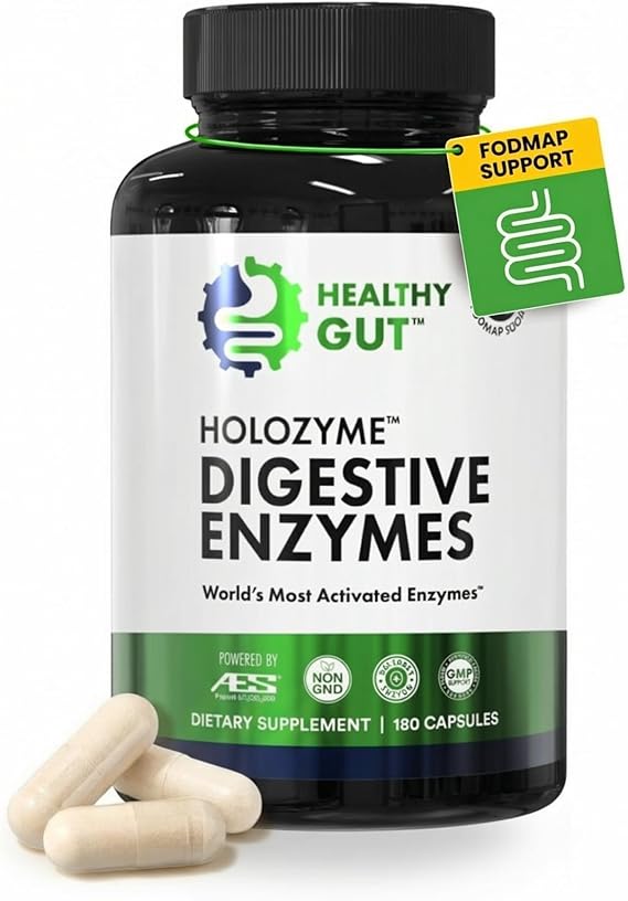 Healthy Gut HoloZyme Max Strength Digestive Enzymes | FODMAP-Friendly Formula Prevents Bloating, Gas, Indigestion wProtease, Amylase, Lipase, Lactase, and More | 90 Servings
