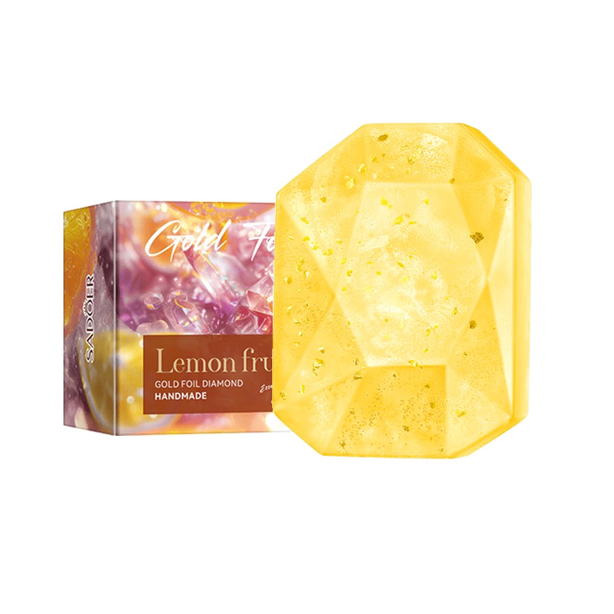 Lemon Gentle Cleanser Soap Bars Moisturizes Gold Foil Diamond Handmade Bar for Face Body, Plant Essential Oil Bath Body and Face, Scented Fancy Soap Gift for Women & Men