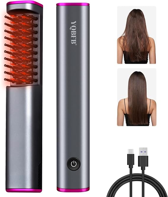 Cordless Hair Straightener Brush: Mini Hair Straightener Brush for Women Travel Styling Hairstyler Salon (Gray)