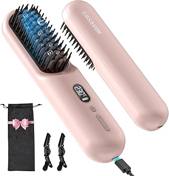 Cordless Hair Straightener Brush Go Brush Pro for Short Hair, Travel Hair Straightener with 20M Negative Ions, Rechargeable Straightening Brush, 30s Fast Heat, 12 Temp Settings, Anti-Scald, Pink