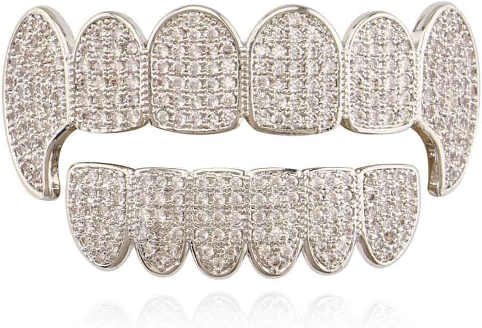 Psivika Diamond Grills Gold Plated Shiny Hip Hop Teeth Grillz Caps Iced Out CZ Top and Bottom Vampire Fangs Grillz for Men and Women