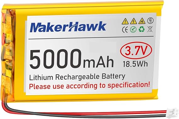 MakerHawk 3.7V 5000mAh LiPo Battery Rechargeable 1S 105080 Lithium Polymer Battery with Protection Board Insulated Rubber Tape, JST2.0 Plug for Arduino ESP32 Board RPI Battery Pack UPS (1 Pack)