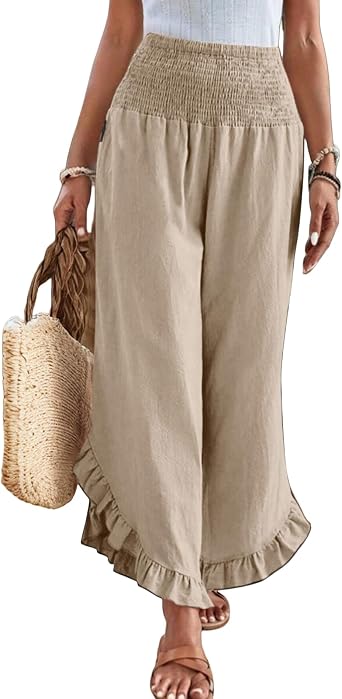 Linen Wide Leg Pants for Women Stretch Smocked High Waist Ruffle Hem Palazzo Pants Summer Casual Loose Beach Trousers