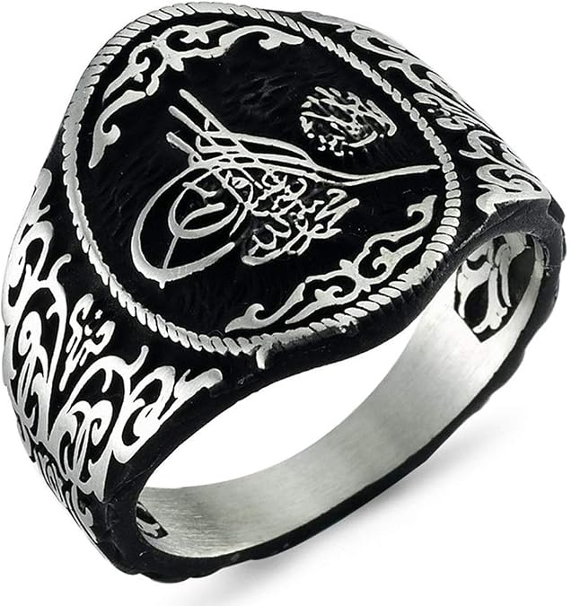 Solid 925 Sterling Silver Turkish Ottoman Sultan's Tughra Monogram Men's Ring