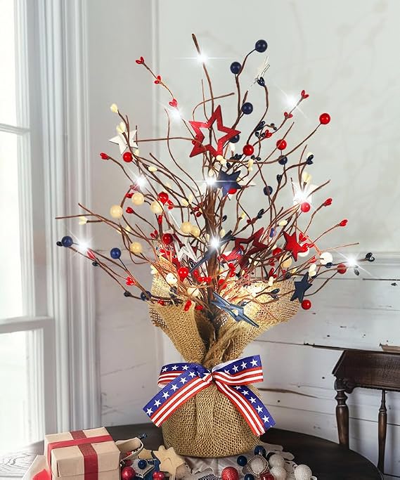 JEGERMIG Independence Day 4th of July Lighted Tree Red White and Blue Patriotic Decorations Table Top