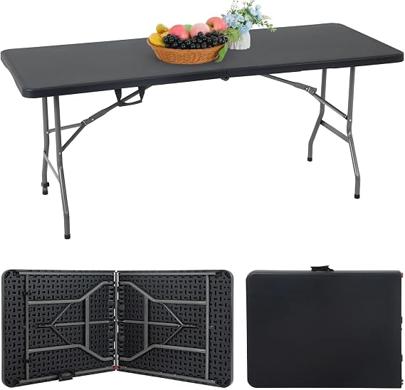 6ft Outdoor Folding Table, Portable Heavy Duty Plastic Fold-in-Half Utility Foldable Table Small Plastic Dining Table w/Handle Indoor for Camping, Picnic and Party