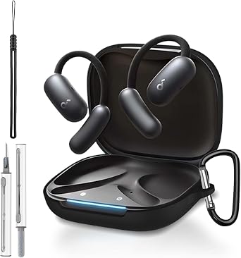 for Anker Soundcore AeroFit 2 Case Cover, Full Protective Silicone Skin Cover for Soundcore AeroFit 2 by Anker,with Keychain & Lanyard and Cleaner Kit, Front LED Visible, Black
