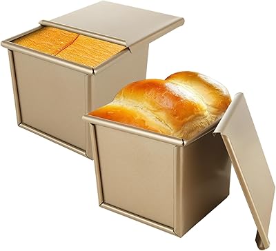 CertBuy 2 Pack Mini Pullman Loaf Pan with Lid, 0.55Lb Dough Capacity, 3.9 x 3.9x 3.8 Non-Stick Bakeware for Baking Bread, Loaf Bread Baking Pan Gold
