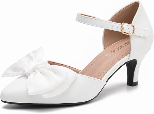 MAIERNISI JESSI Women's Kitten Heel Pumps with Bow, Ankle Strap, Pointed Toe, D'Orsay Style