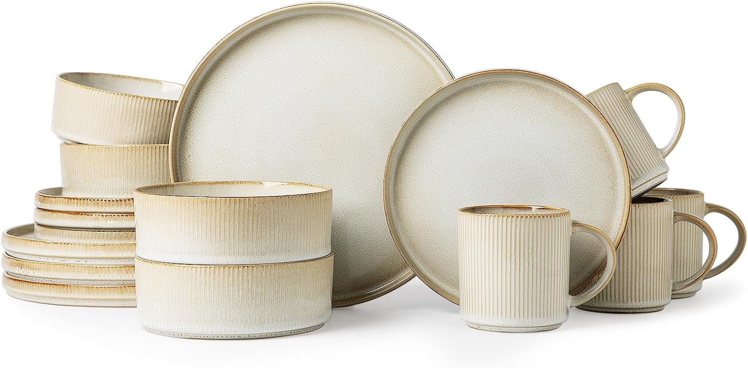 MONITO Ceramic Dinnerware 16 Pieces Dinner Set,10.6in Stoneware Plates and Bowls Sets, Highly Chip and Crack Resistant | Dishwasher & Microwave Dishes set,Gift, Bonbon Beige