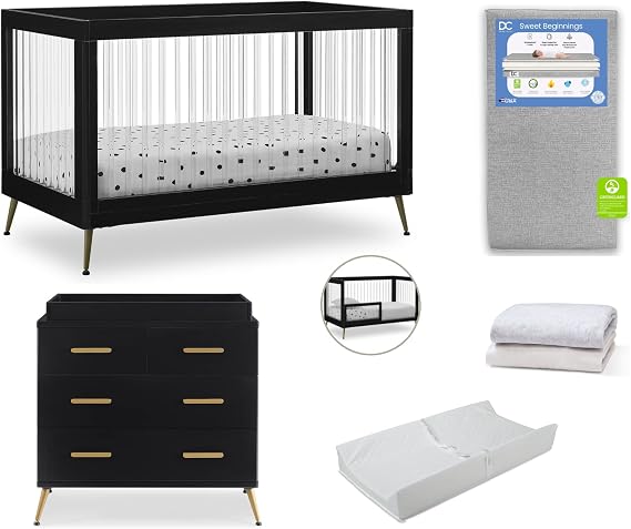 Delta Children Sloane Crib 7-Piece Baby Nursery Furniture SetIncludes: Convertible Crib, Dresser, Changing Top, Crib Mattress, Fitted Sheets, Toddler Guardrail & Changing Pad, Black wMelted Bronze