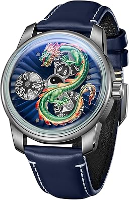 OBLVLO Luxury Dragon Design Watch, Rose Gold Case, Blue Leather Band, Decorative Dragon Dial