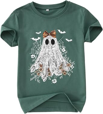 Halloween Shirts for Girls Floral Bow Lace Ghost T-Shirt Kid Spooky Season Outfit Boho Short Sleeve Tees Fall Tops