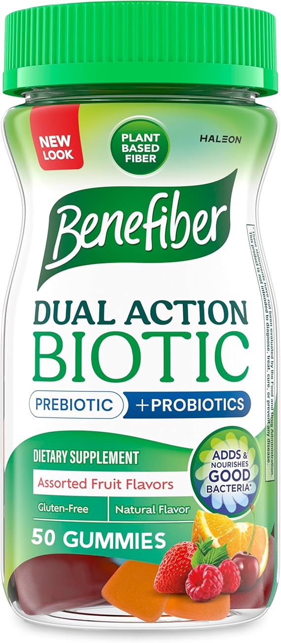 Benefiber Prebiotic GLP-1 Friendly Fiber Supplement Gummies with Probiotics for Digestive Health, Assorted Fruit Flavors - 50 Count