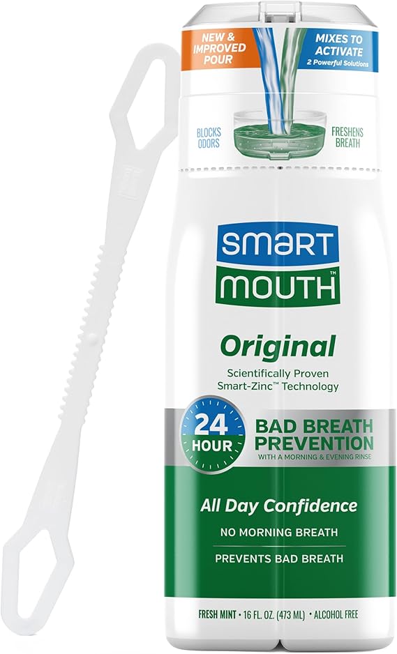 SmartMouth Original Zinc Activated Mouthwash & Tongue Cleaner - Instant Fresh Breath Mouthwash - Eliminates Bad Odors & Bad Breath - Sugar, Gluten & Alcohol-Free - Fresh Mint - 16 fl oz, 1 Count