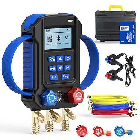 R454B R134A Digital Manifold HVAC Gauge Set,95 Refrigerants Dual Pressure&Temp Test with Temperature Clips and Hoses Vacuum AC Gauges for R1234YF R134A R404A R410A R32