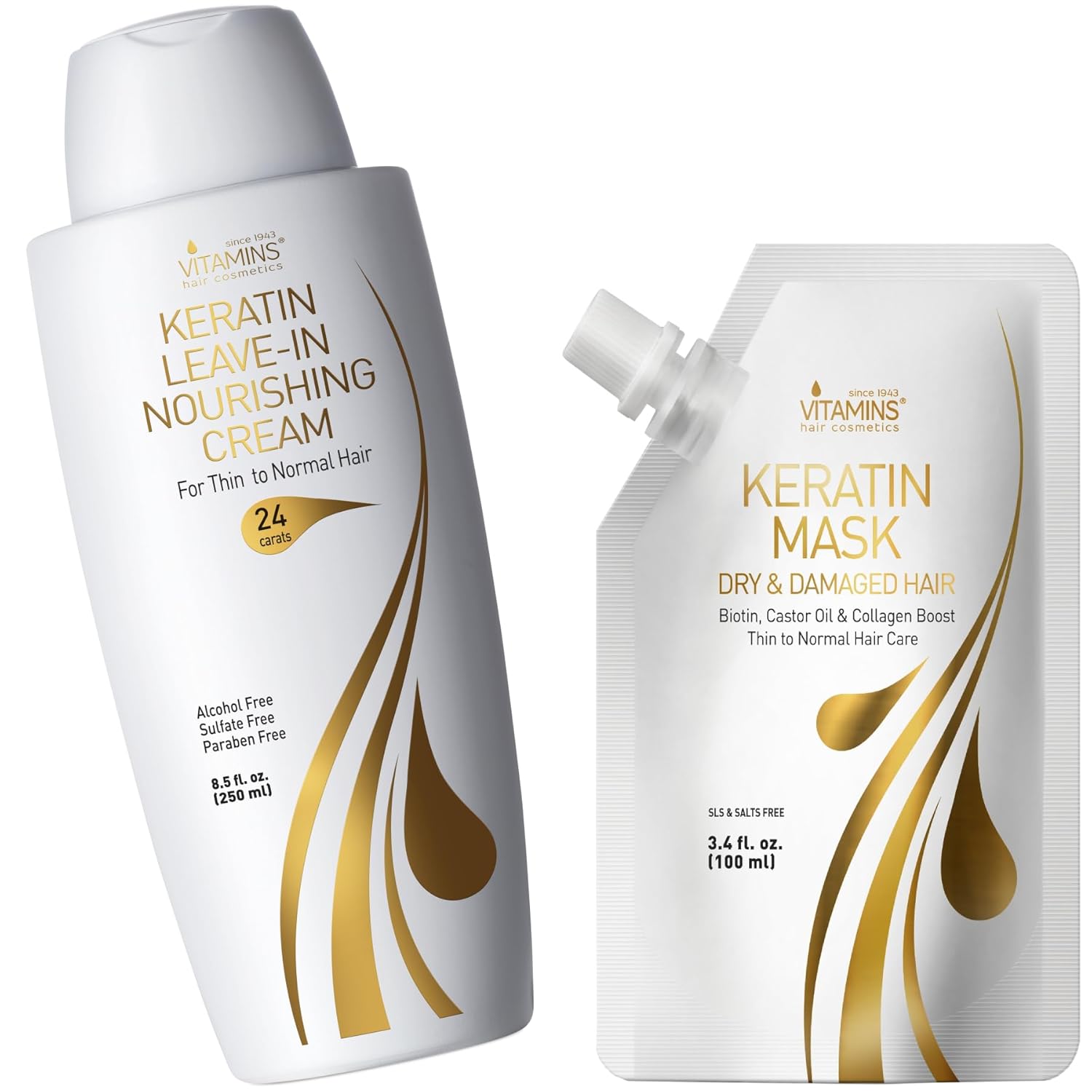VITAMINS hair cosmetics Keratin Thin Hair Leave-In Conditioner & Hair Mask Travel Kit - Hydrating No Rinse Cream & Deep Conditioning Hair Mask for Thin Fine Hair - Pro Salon Care for Dry Damaged Hair