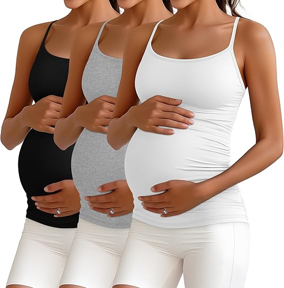 Ficerd 3 Pack Women's Maternity Tank Top Camisole with Adjustable Straps Comfort Tops Side Ruched Stretch Soft Shirts