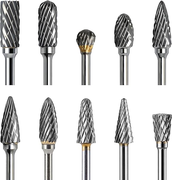 10pcs Tungsten Carbide Burr Set, 2.35mm (3/32") Shank Double Cut Rotary Burrs for Drilling, Precision Wood Carving, Metal Engraving, Die Grinder Bits for Micromotor & Rotary Tools