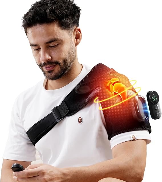 HOMRELEXA Magnetic Detachable Remote Control Shoulder Heating Pad - Cordless Heated Shoulder Massager Wrap with 5 Vibration Modes and 5 Heating Levels, Time Setting, Gift for Men & Women, Black