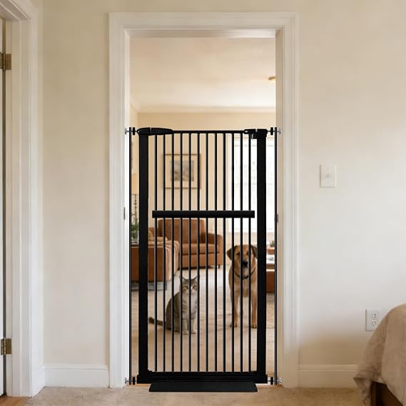 Lumizone 55.12" Extra Tall Pet Gate for Cat Dog 30.12"-34.05" Wide Black | Extra Tall Cat Gate for Doorway Hallway Stairs Pressure Mounted 1.37" Gap No Drilling Auto-Close Dual-Lock