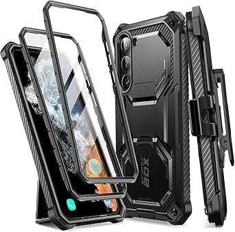 i-Blason Armorbox for Samsung Galaxy S23 Plus Case with Stand & Belt-Clip [Built-in Screen Protector] [2 Front Frames] [Military-Grade Protection] Full-Body Rugged Bumper Case with Kickstand (Black)