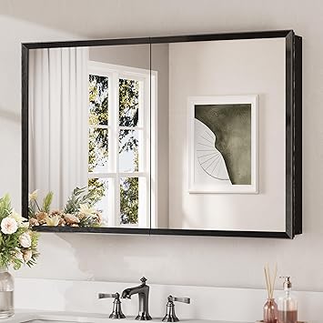 Keonjinn Black Medicine Cabinet Mirror 36" x 24", Assembly Needed, Mirrored Medicine Cabinets for Bathroom, Bevel-Edged Frame, Stepless Adjustable Shelves, Wall-Mounted or Recessed, Tempered Glass