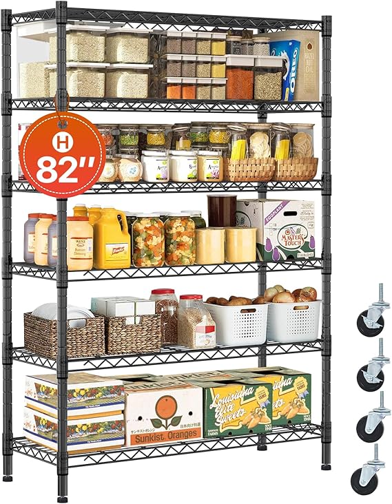Dkeli 6 Tier Shelf Adjustable Heavy Duty 2100Lbs Capacity Metal Storage Shelves on Caster 45"x18"x82" Steel Wire Rack for Garage Basement Pantry, Black
